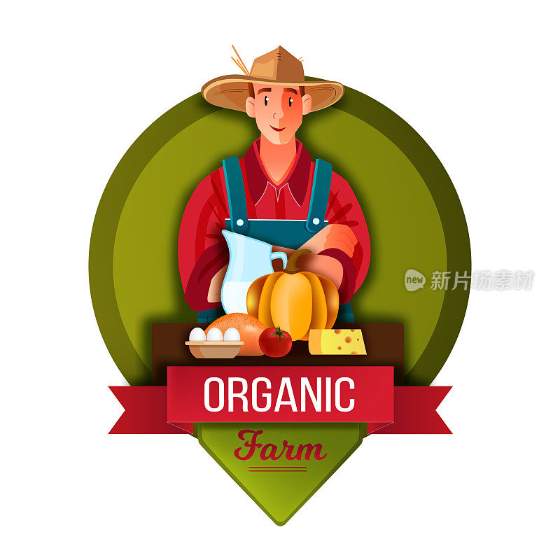 Organic farm market logo with hipster farmer in hat, milk, pumpkin, cheese, red ribbon.